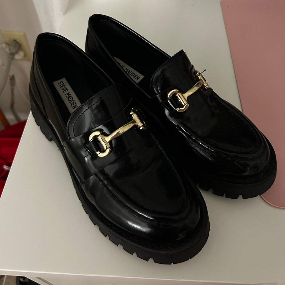 Steve Madden Glossy Black Loafers with Gold Detail